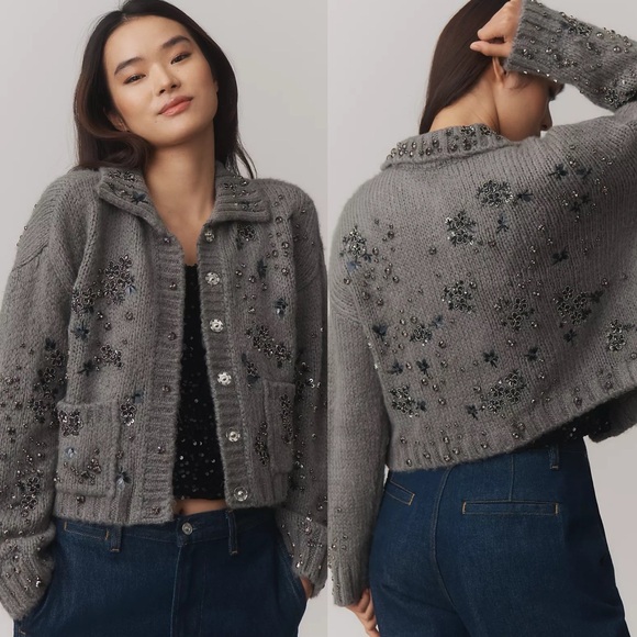 Anthropologie Sweaters - NWT Anthropologie Pilcro Embellished Floral Collared Cardigan Sweater Grey